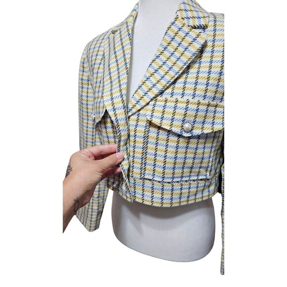 NWT ASOS yellow & blue short plaid cropped blazer with pearl accents size 8 - Picture 8 of 10